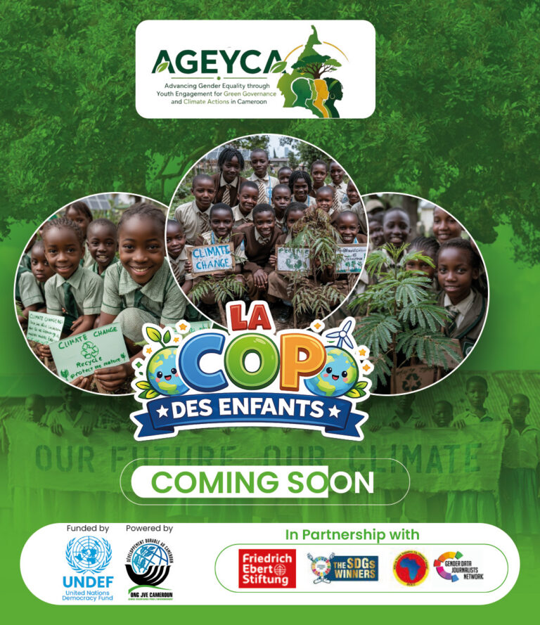 Affiche de La COP des enfants, initiative éducative sur le climat portée par JVE Cameroun et AGEYCA, Coming Soon